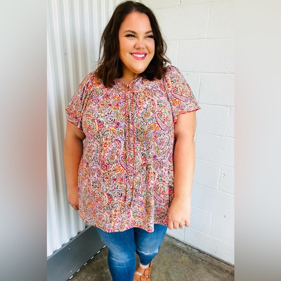 Multicolor Boho Paisley Print Tie Neck Dolman Top - Picture 1 of 16